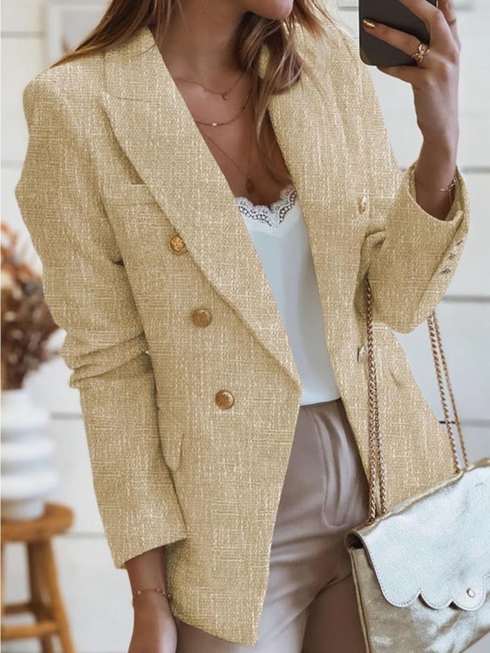 Cream Tweed Double Breasted Gold Button Blazer Size L